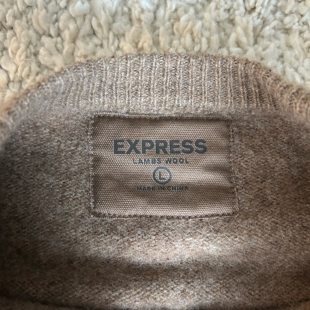 Express 100% Lambswool Brown Striped Crewneck Sweater Men’s Large - Picture 2 of 5